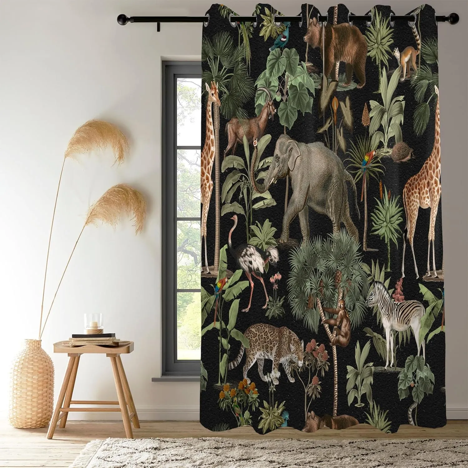 Renaiss Tropical Jungle Animal Blackout Curtain Forest Safari Wildlife Animals World Pattern Printed Curtains Giraffe Elephant Room Darkening Energy Saving Grommet Curtains 42" W x 63" L, 2 Panels