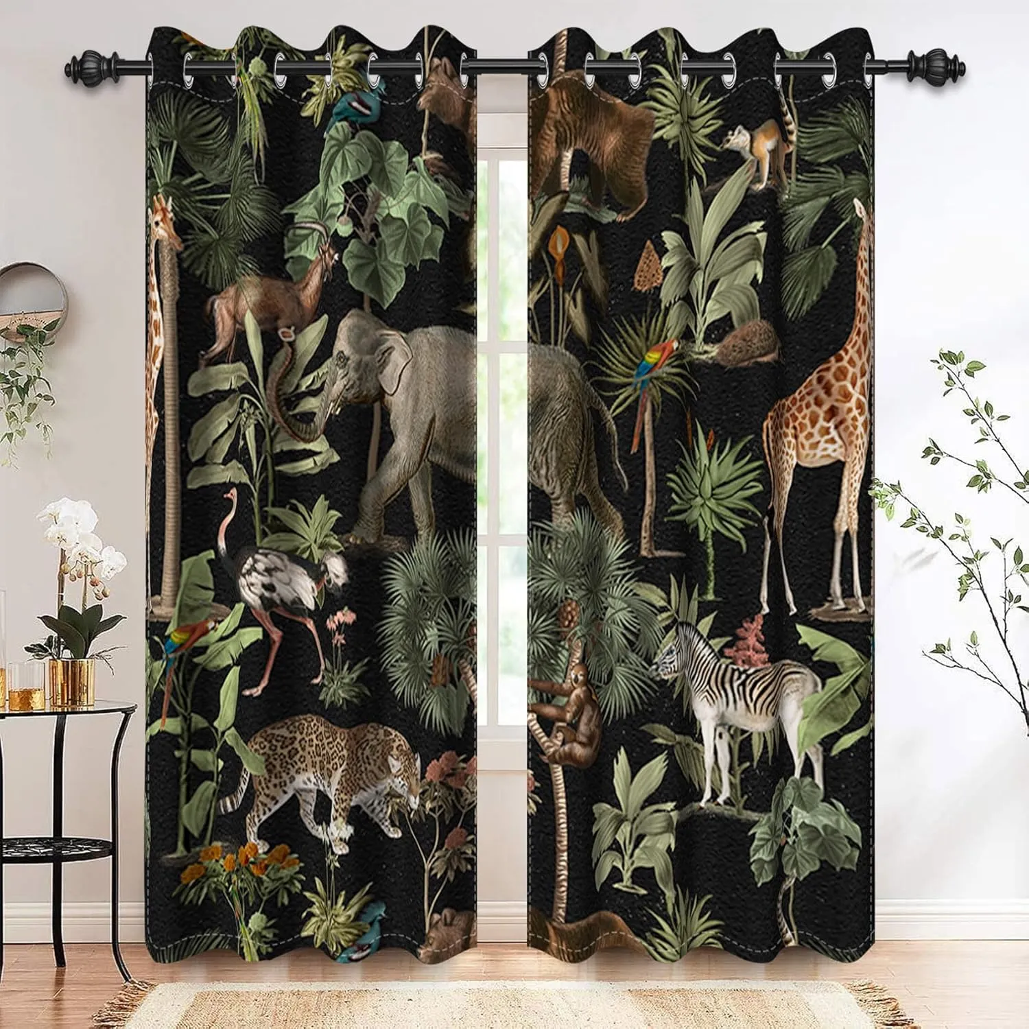 Renaiss Tropical Jungle Animal Blackout Curtain Forest Safari Wildlife Animals World Pattern Printed Curtains Giraffe Elephant Room Darkening Energy Saving Grommet Curtains 42" W x 63" L, 2 Panels