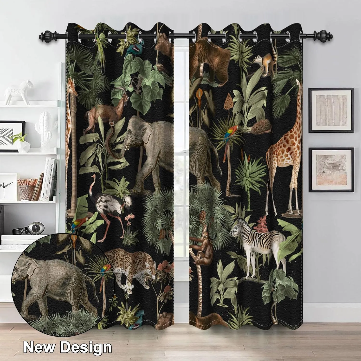 Renaiss Tropical Jungle Animal Blackout Curtain Forest Safari Wildlife Animals World Pattern Printed Curtains Giraffe Elephant Room Darkening Energy Saving Grommet Curtains 42" W x 63" L, 2 Panels