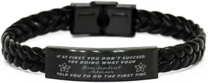 Residential Advisor Braided Leather Bracelet, If at first you don't succeed, try doing what your athletic trainer told you to do the first time., Laser Engraved, Stainless Steel Wristband