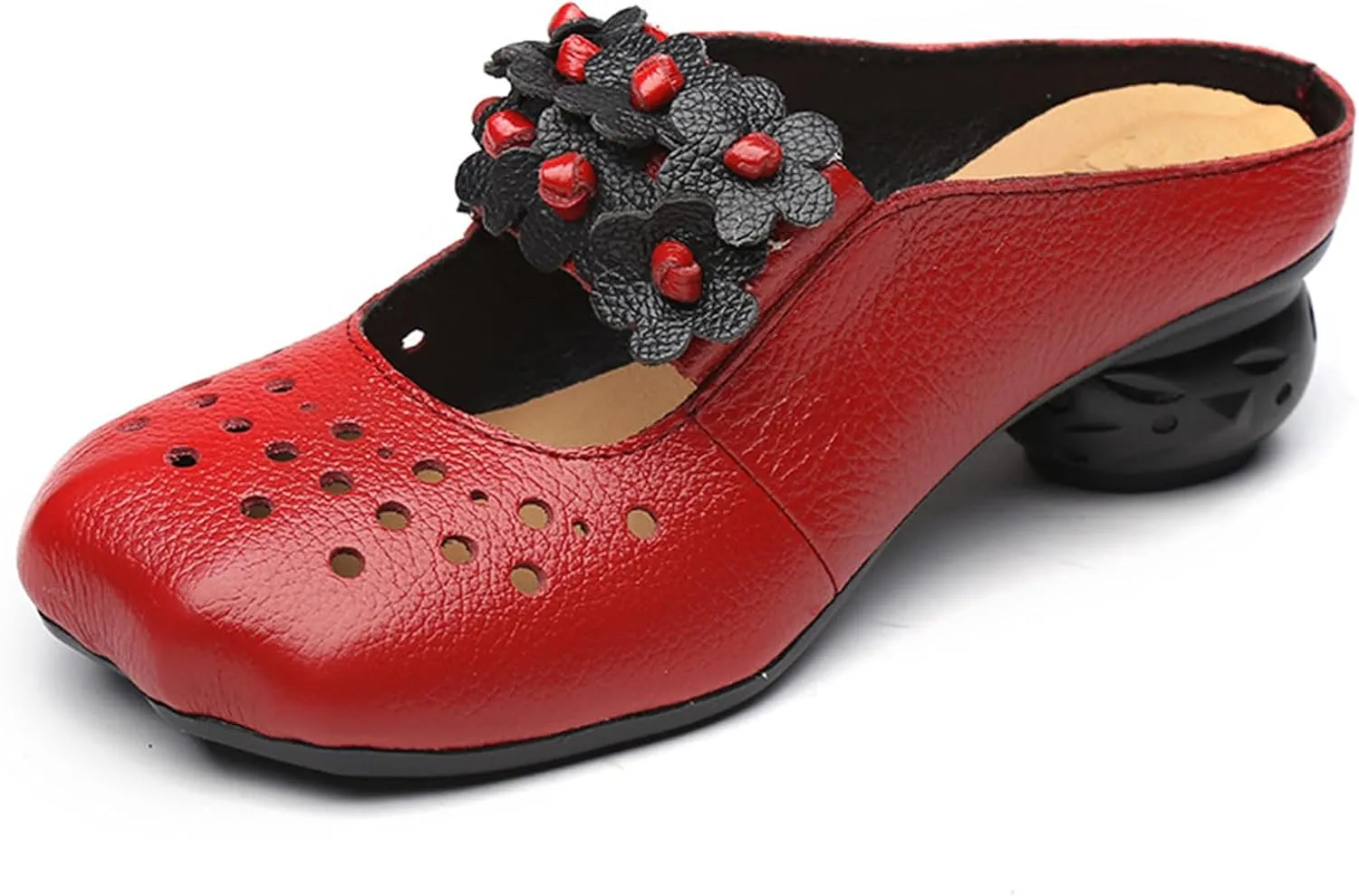 Retro Flower Chunky Heel Slide Mules for Women's Wide Toe Cutout Backless Closed Toe Mid Block Heeled Sandals for Walking Work