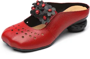 Retro Flower Chunky Heel Slide Mules for Women's Wide Toe Cutout Backless Closed Toe Mid Block Heeled Sandals for Walking Work