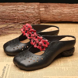 Retro Flower Chunky Heel Slide Mules for Women's Wide Toe Cutout Backless Closed Toe Mid Block Heeled Sandals for Walking Work