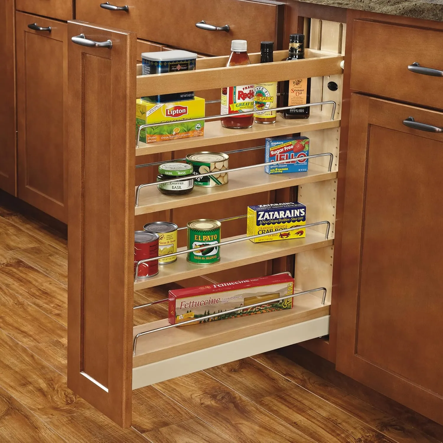 Rev-A-Shelf 5" Pullout Shelf Organizer for Kitchen and Bathroom Base Cabinets, Wooden Slide Out Spice/Medicine Rack with Soft-Close, 448-BCBBSC-5C