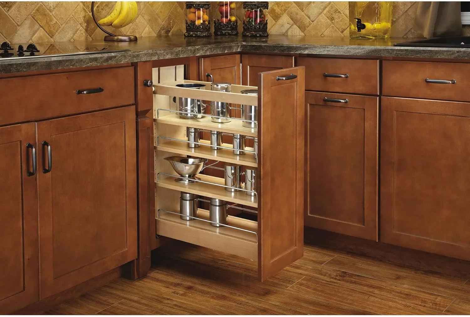 Rev-A-Shelf 8" Pullout Shelf Organizer for Kitchen and Bathroom Base Cabinets, Wooden Slide Out Spice/Medicine Rack with Soft-Close, 448-BCBBSC-8C