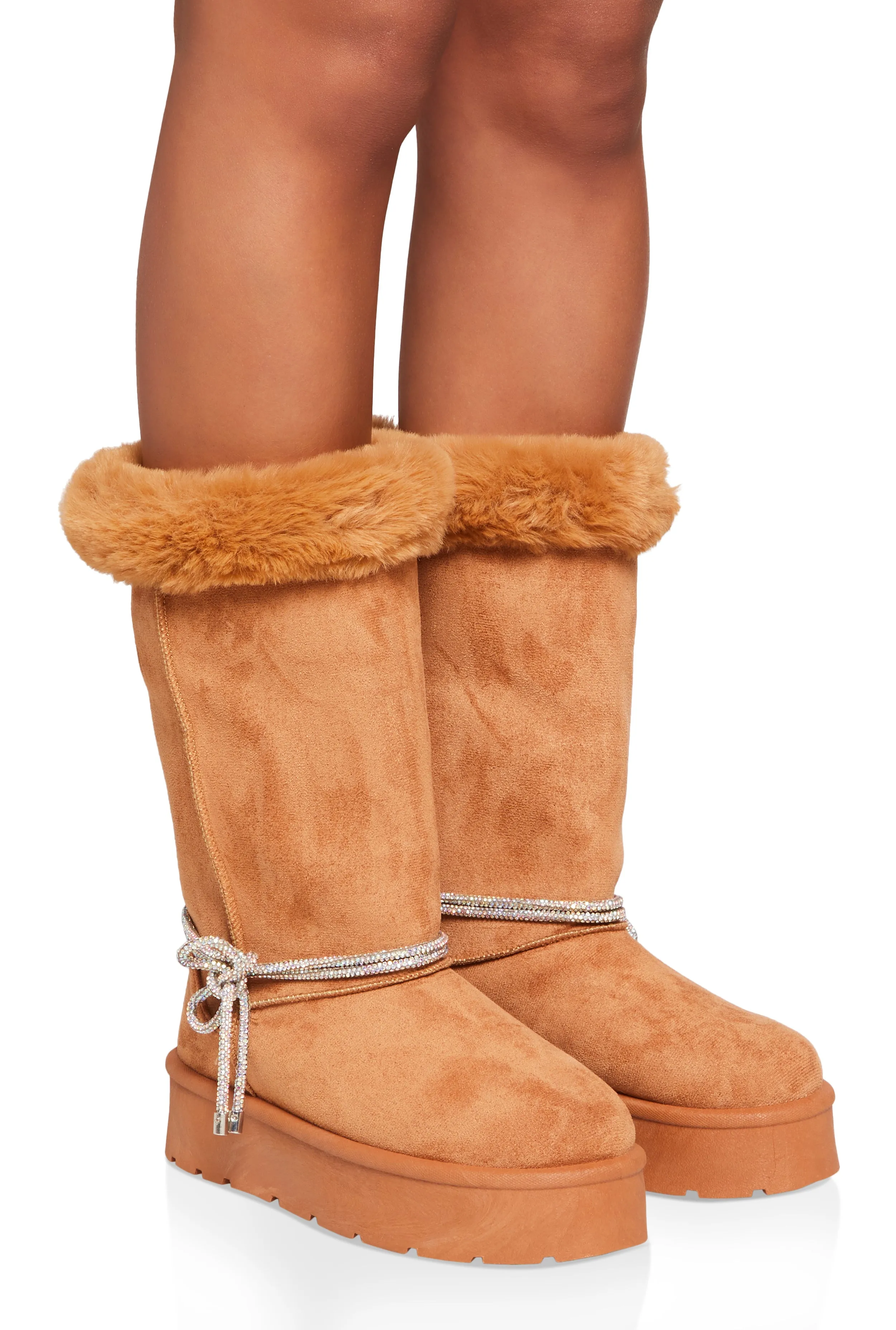 Rhinestone Rope Detail Faux Fur Tall Boots