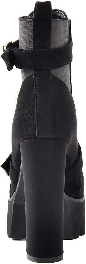 Richealnana Women's Elastic Platform Boots Round Toe Chunky High Heel Pull on Ankle Booties