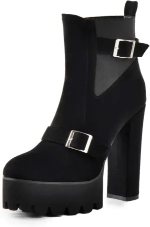 Richealnana Women's Elastic Platform Boots Round Toe Chunky High Heel Pull on Ankle Booties