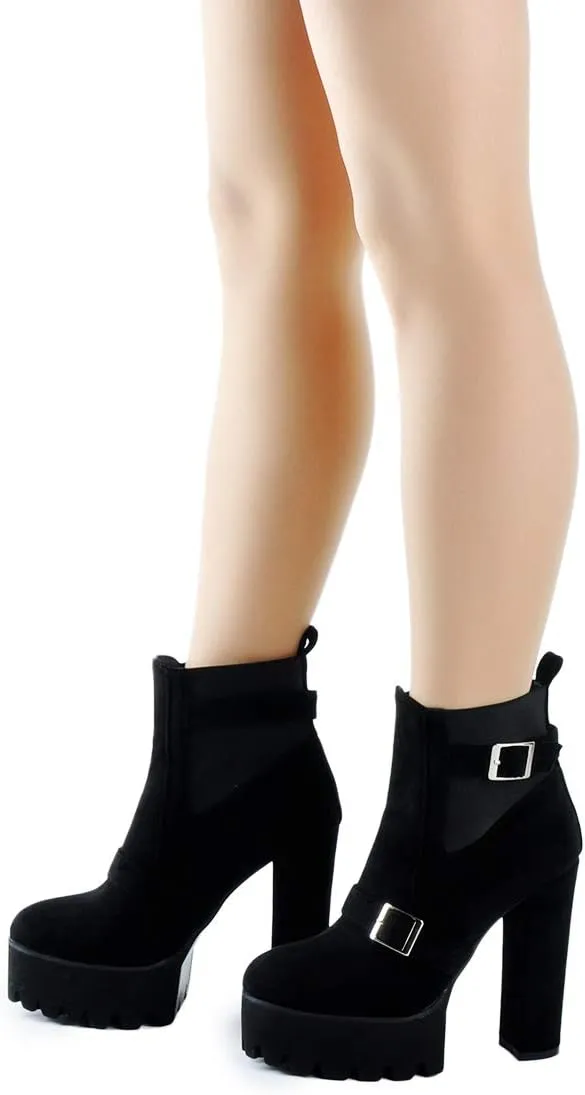 Richealnana Women's Elastic Platform Boots Round Toe Chunky High Heel Pull on Ankle Booties