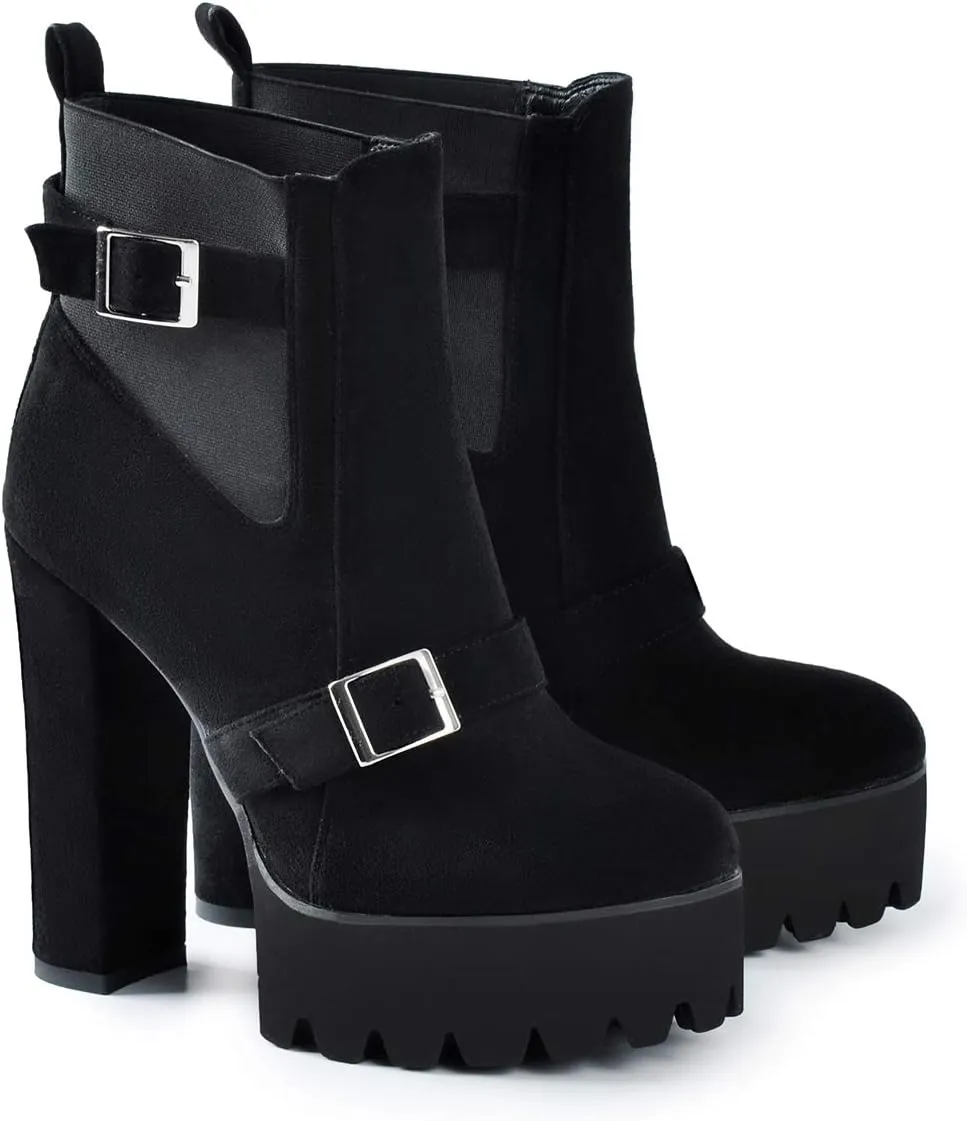 Richealnana Women's Elastic Platform Boots Round Toe Chunky High Heel Pull on Ankle Booties