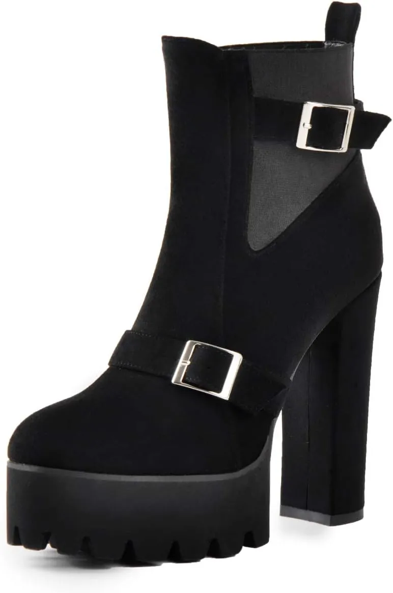 Richealnana Women's Elastic Platform Boots Round Toe Chunky High Heel Pull on Ankle Booties