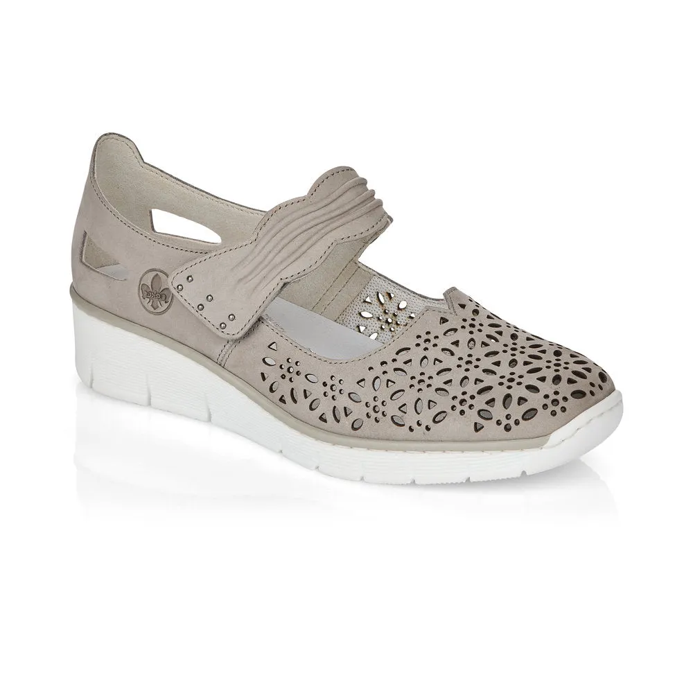 RIEKER - 537G7-40 LOW WEDGE VELCRO STRAP SHOE - TAUPE