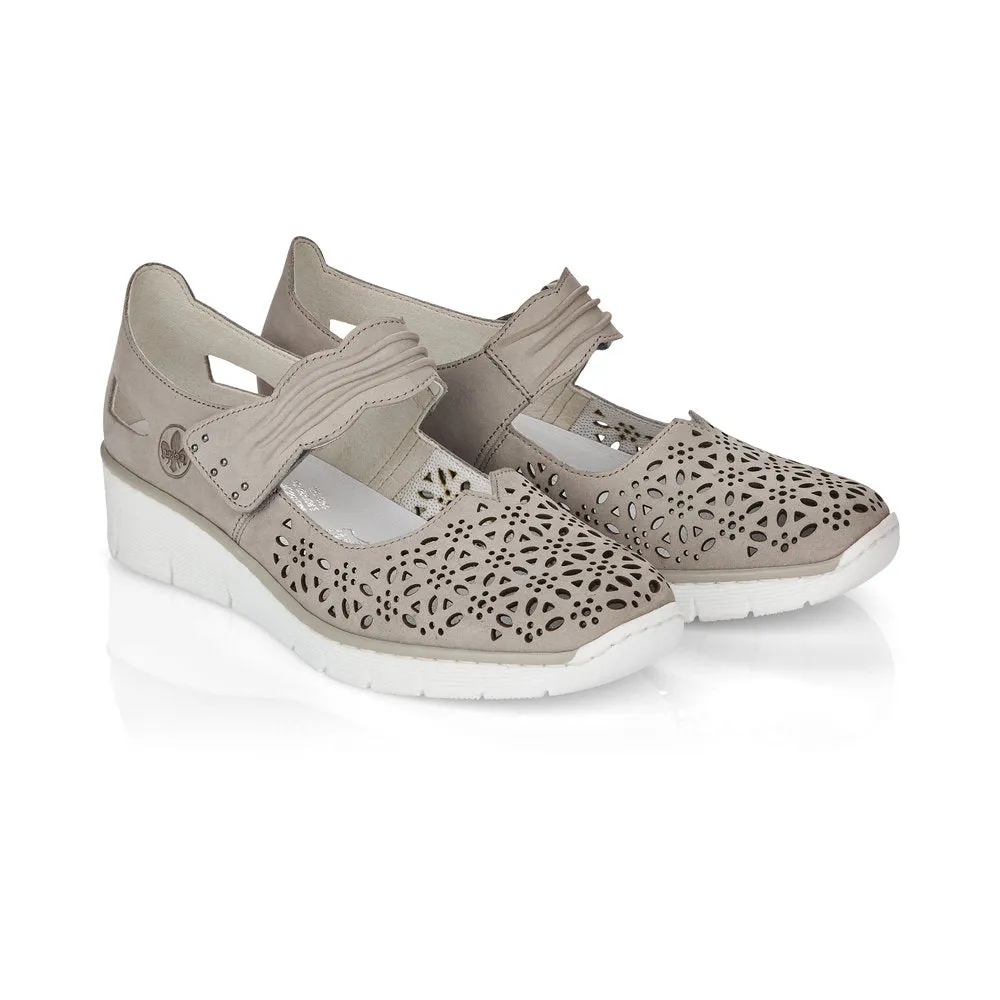 RIEKER - 537G7-40 LOW WEDGE VELCRO STRAP SHOE - TAUPE