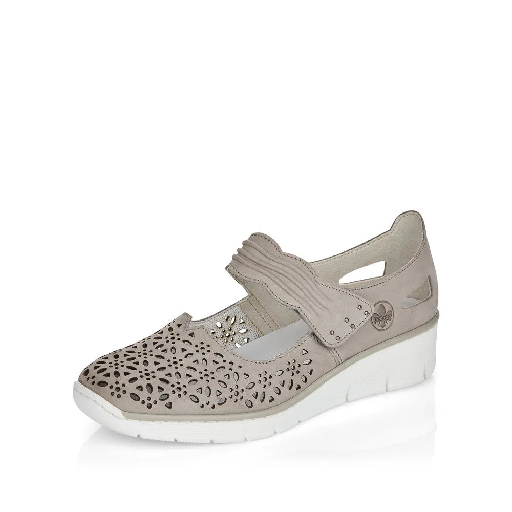 RIEKER - 537G7-40 LOW WEDGE VELCRO STRAP SHOE - TAUPE