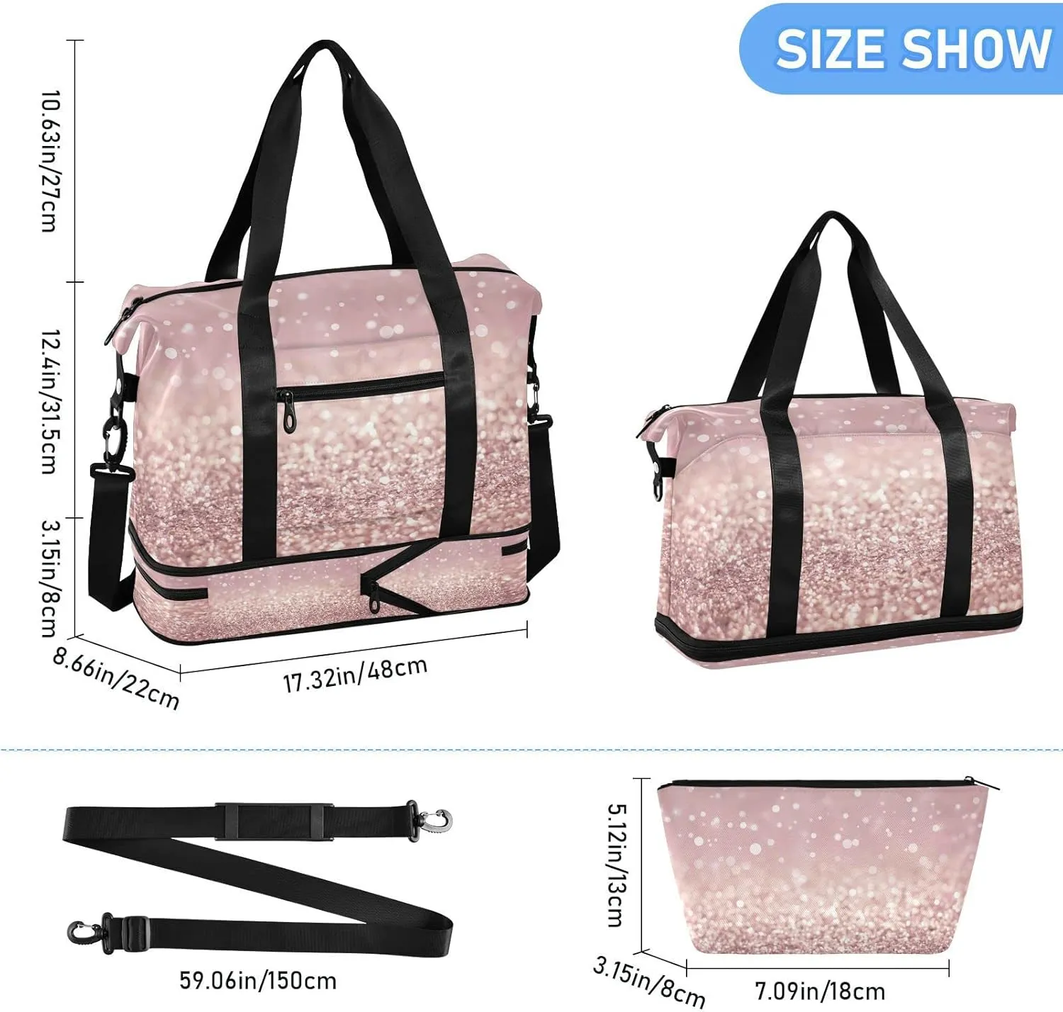 Rose Gold Glitter Texture Travel Duffel Bag, Waterproof Sports Tote Gym Bag with Shoes Compartment, Shoulder Weekender Overnight Bag for Women Men（599） 17.32 * 8.66 * 15.55in