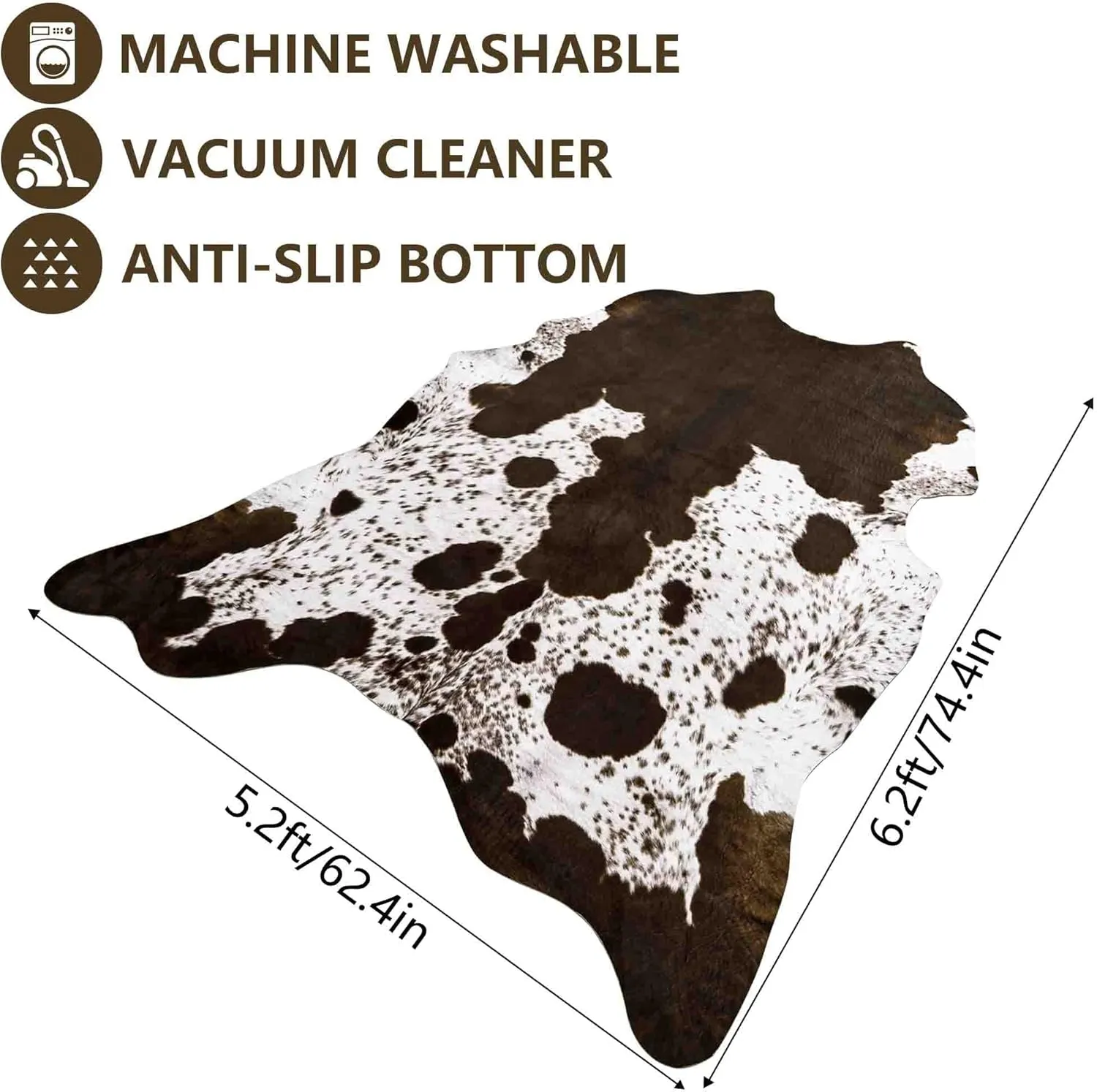 Rostyle Faux Cowhide Rug 6.2 x 5.2 Feet, Cute Cow Hide Rug for Living Room Bedroom Western Home Decor Faux Fur Cow Print Rugs White and Brown