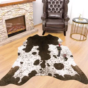 Rostyle Faux Cowhide Rug 6.2 x 5.2 Feet, Cute Cow Hide Rug for Living Room Bedroom Western Home Decor Faux Fur Cow Print Rugs White and Brown