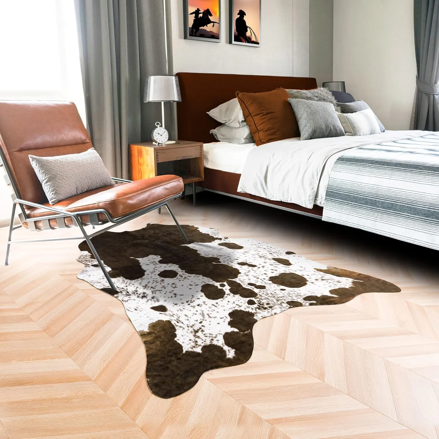 Rostyle Faux Cowhide Rug 6.2 x 5.2 Feet, Cute Cow Hide Rug for Living Room Bedroom Western Home Decor Faux Fur Cow Print Rugs White and Brown