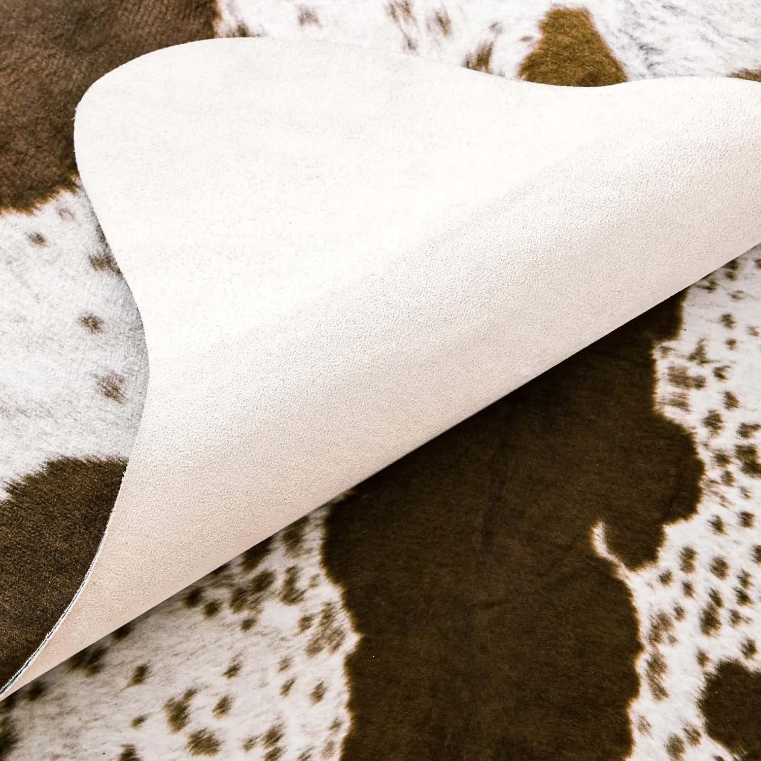 Rostyle Faux Cowhide Rug 6.2 x 5.2 Feet, Cute Cow Hide Rug for Living Room Bedroom Western Home Decor Faux Fur Cow Print Rugs White and Brown