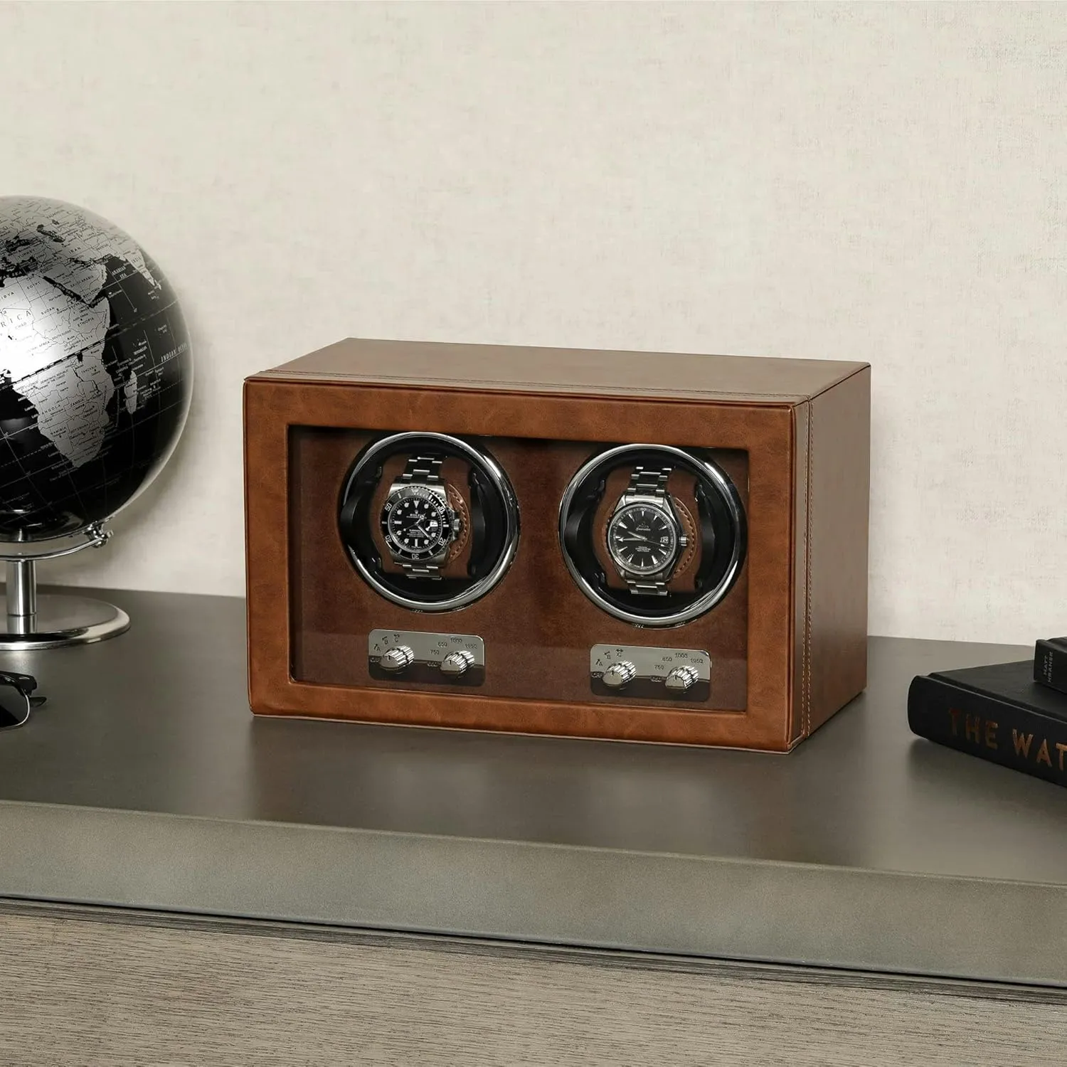 ROTHWELL Double Watch Winder for Automatic Watches with Quiet Motor with Multiple Speeds and Rotation Settings (Tan/Brown)