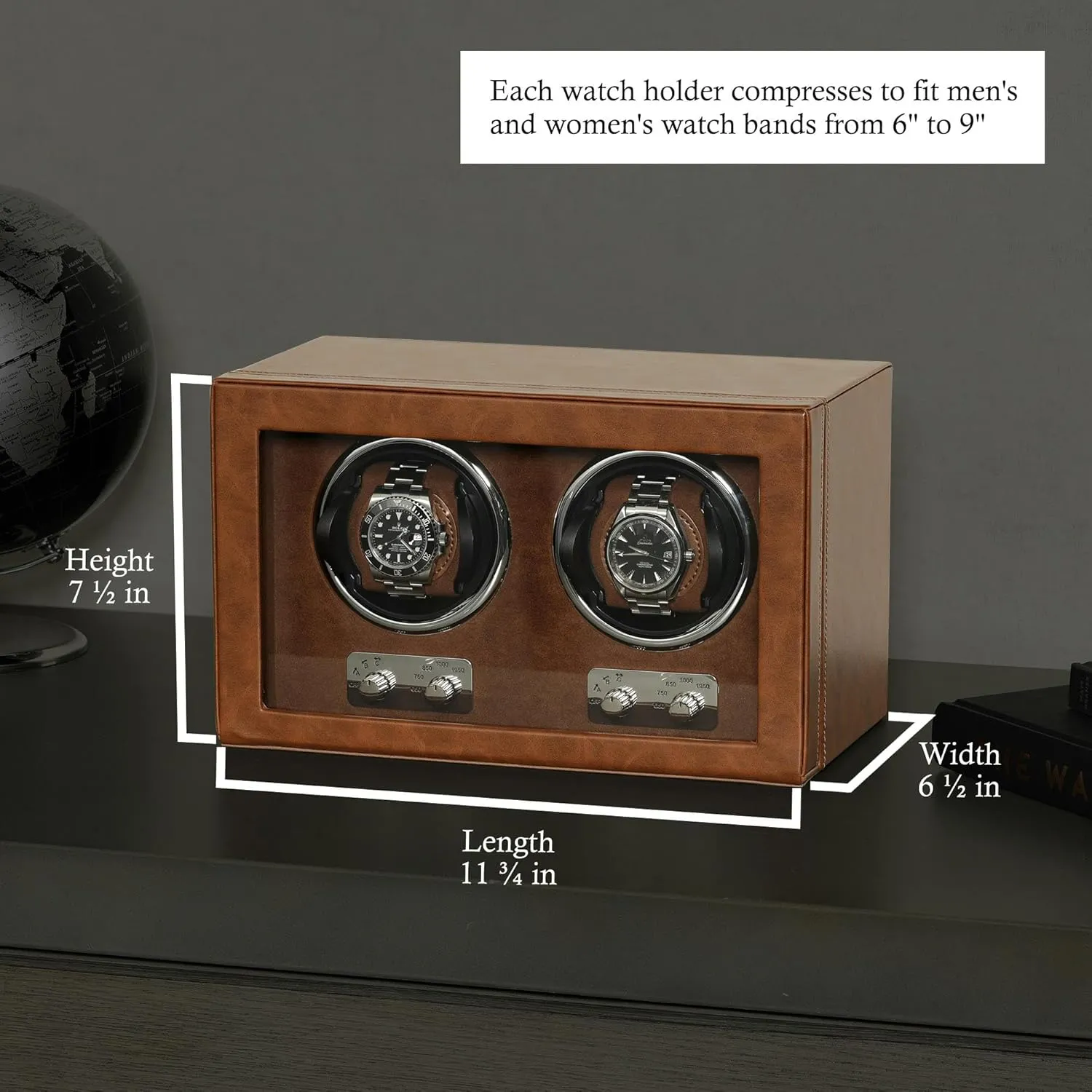 ROTHWELL Double Watch Winder for Automatic Watches with Quiet Motor with Multiple Speeds and Rotation Settings (Tan/Brown)