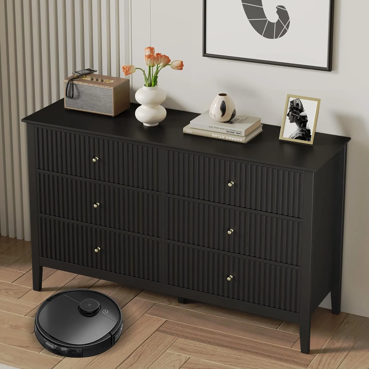 RoyalCraft Black 6 Drawer Dresser Set of 2, Fluted Modern Wood Dresser, Double Chest of Drawers, TV Stand with Storage for Bedroom, Living Room
