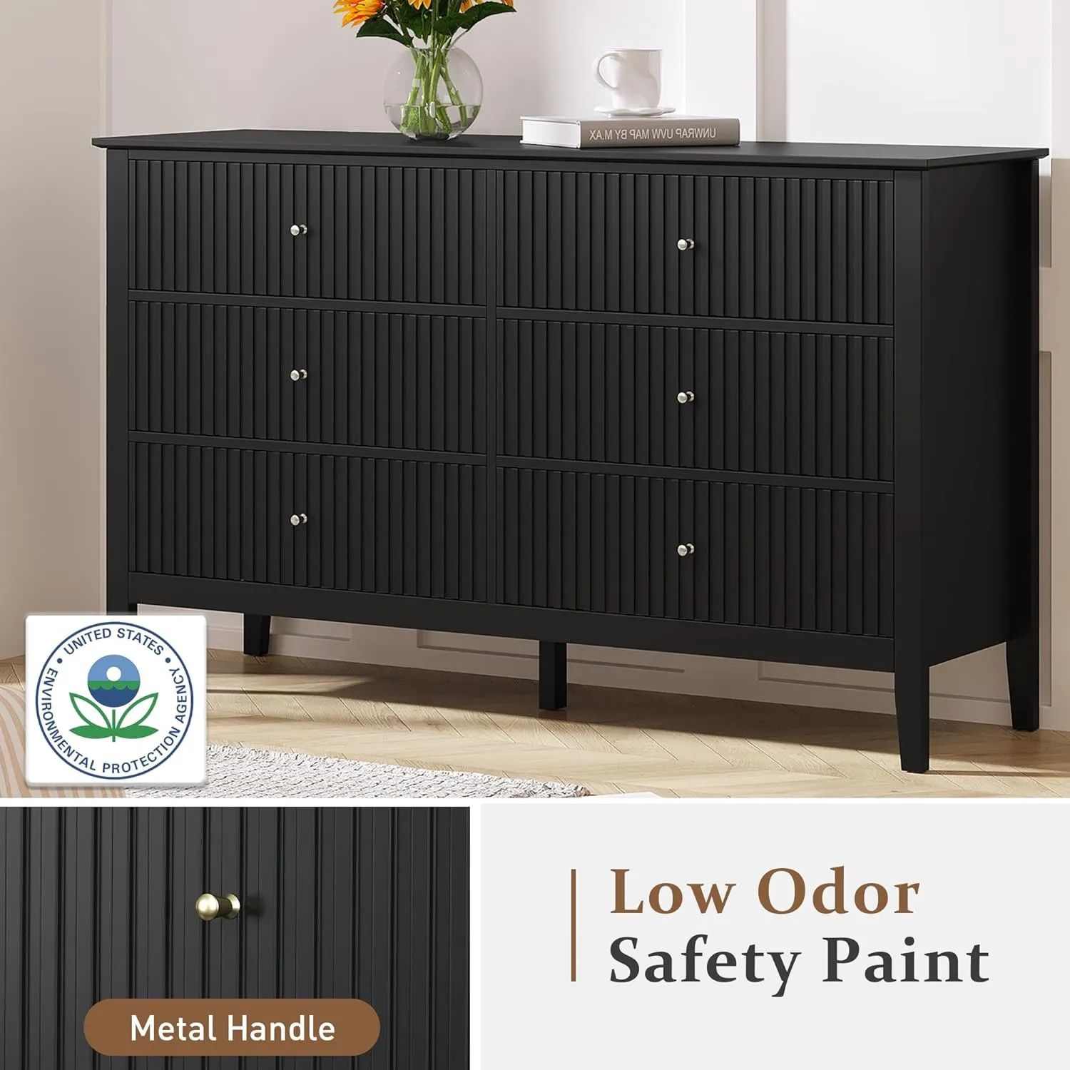 RoyalCraft Black 6 Drawer Dresser Set of 2, Fluted Modern Wood Dresser, Double Chest of Drawers, TV Stand with Storage for Bedroom, Living Room