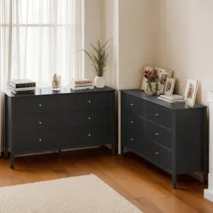 RoyalCraft Black 6 Drawer Dresser Set of 2, Fluted Modern Wood Dresser, Double Chest of Drawers, TV Stand with Storage for Bedroom, Living Room
