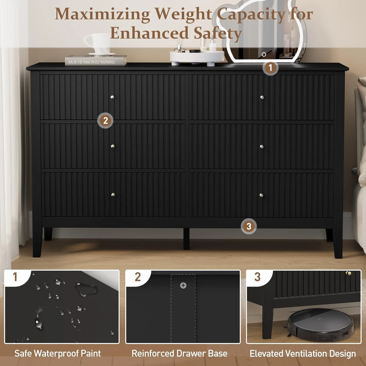 RoyalCraft Black 6 Drawer Dresser Set of 2, Fluted Modern Wood Dresser, Double Chest of Drawers, TV Stand with Storage for Bedroom, Living Room