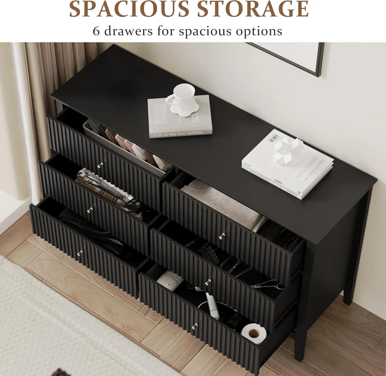 RoyalCraft Black 6 Drawer Dresser Set of 2, Fluted Modern Wood Dresser, Double Chest of Drawers, TV Stand with Storage for Bedroom, Living Room
