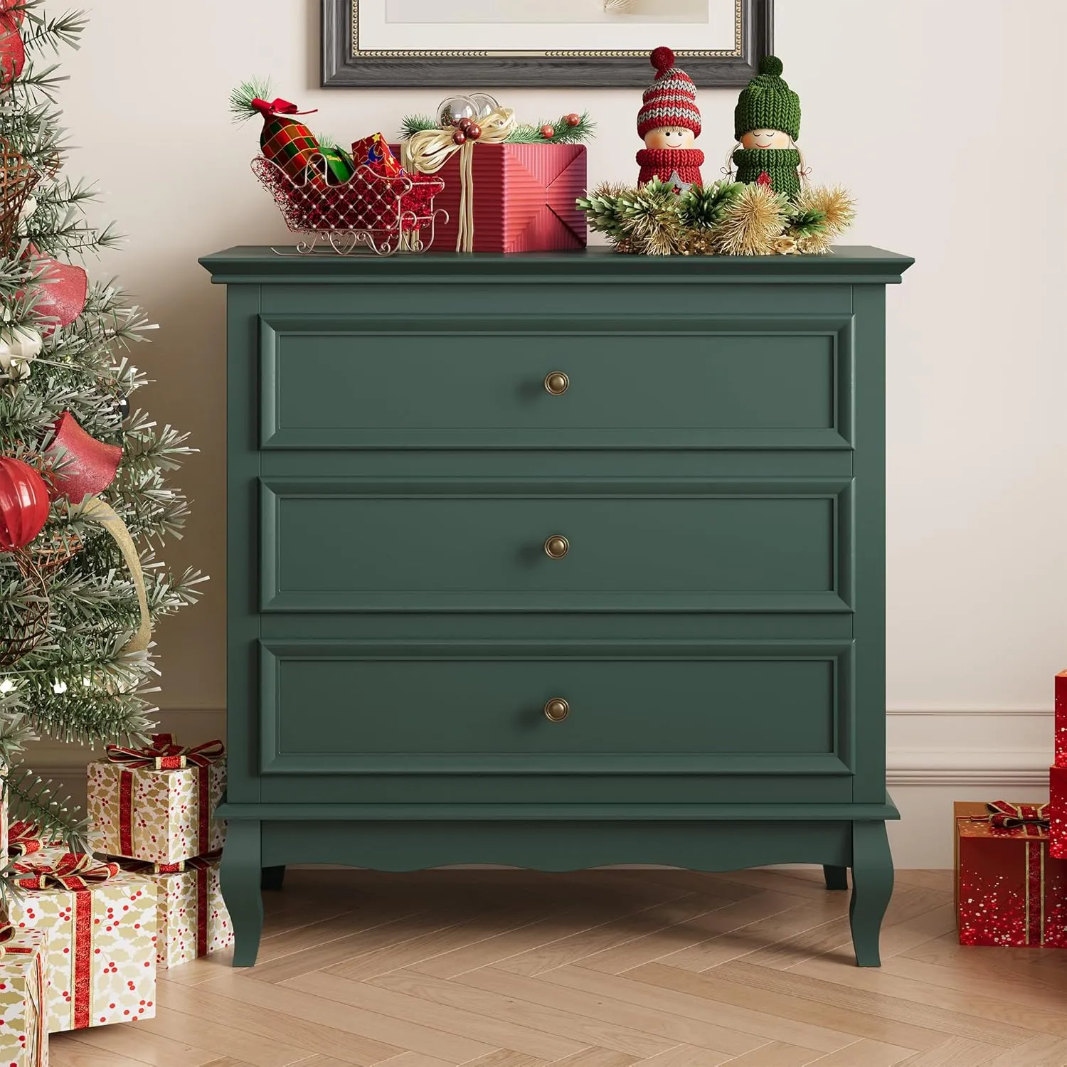 RoyalCraft Green Nightstand for Bedroom, Wide Nightstand with 3 Drawer, Modern End Table, Wood Beside Table for Home and Office, Green