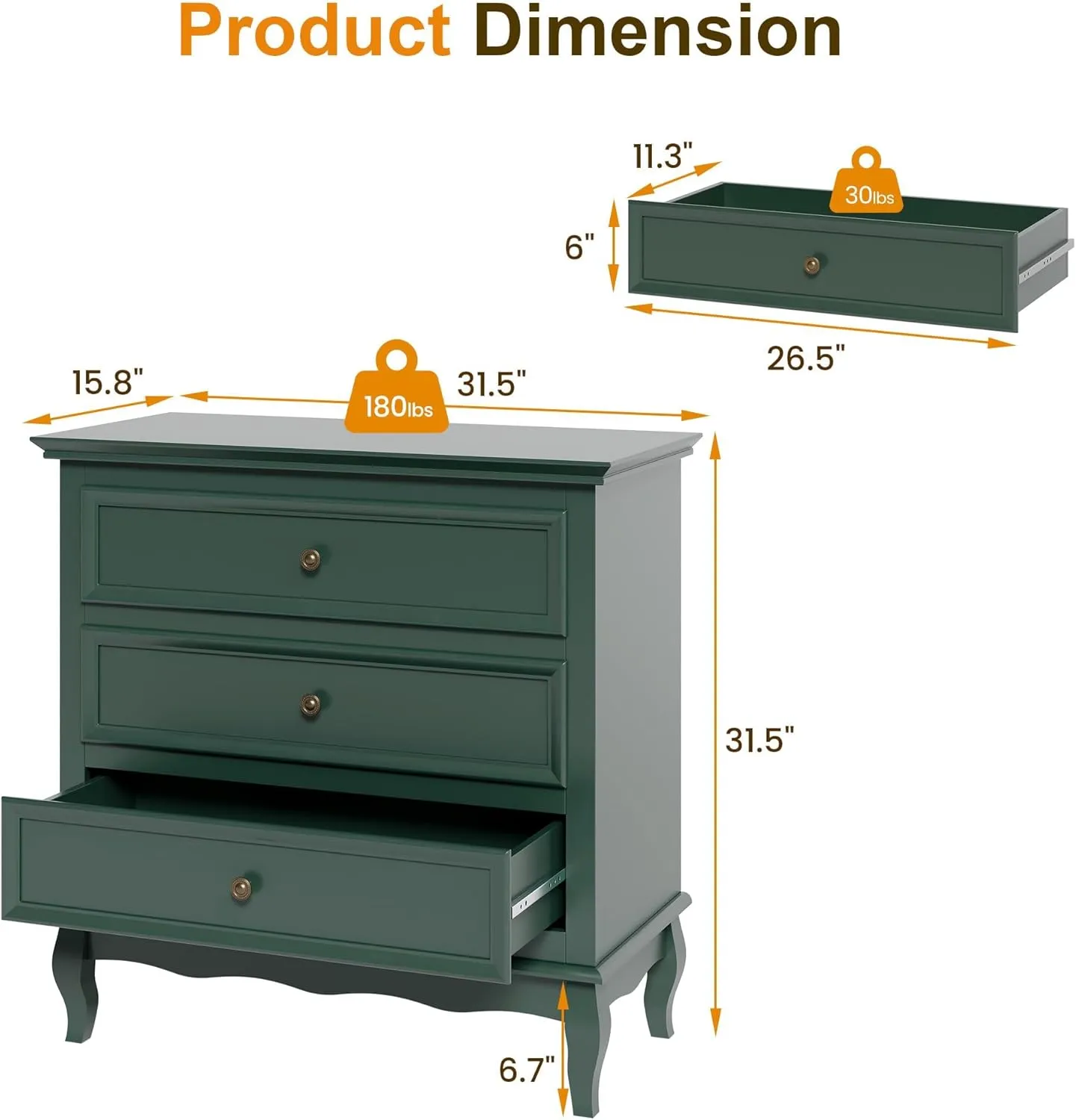 RoyalCraft Green Nightstand for Bedroom, Wide Nightstand with 3 Drawer, Modern End Table, Wood Beside Table for Home and Office, Green
