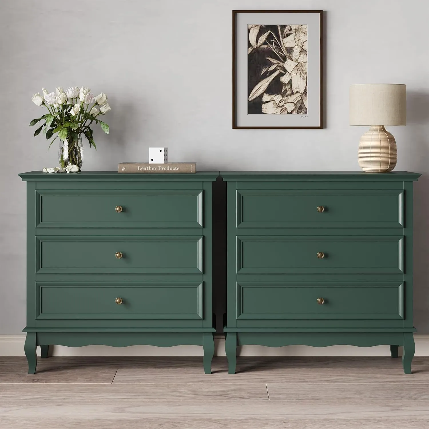 RoyalCraft Green Nightstand for Bedroom, Wide Nightstand with 3 Drawer, Modern End Table, Wood Beside Table for Home and Office, Green