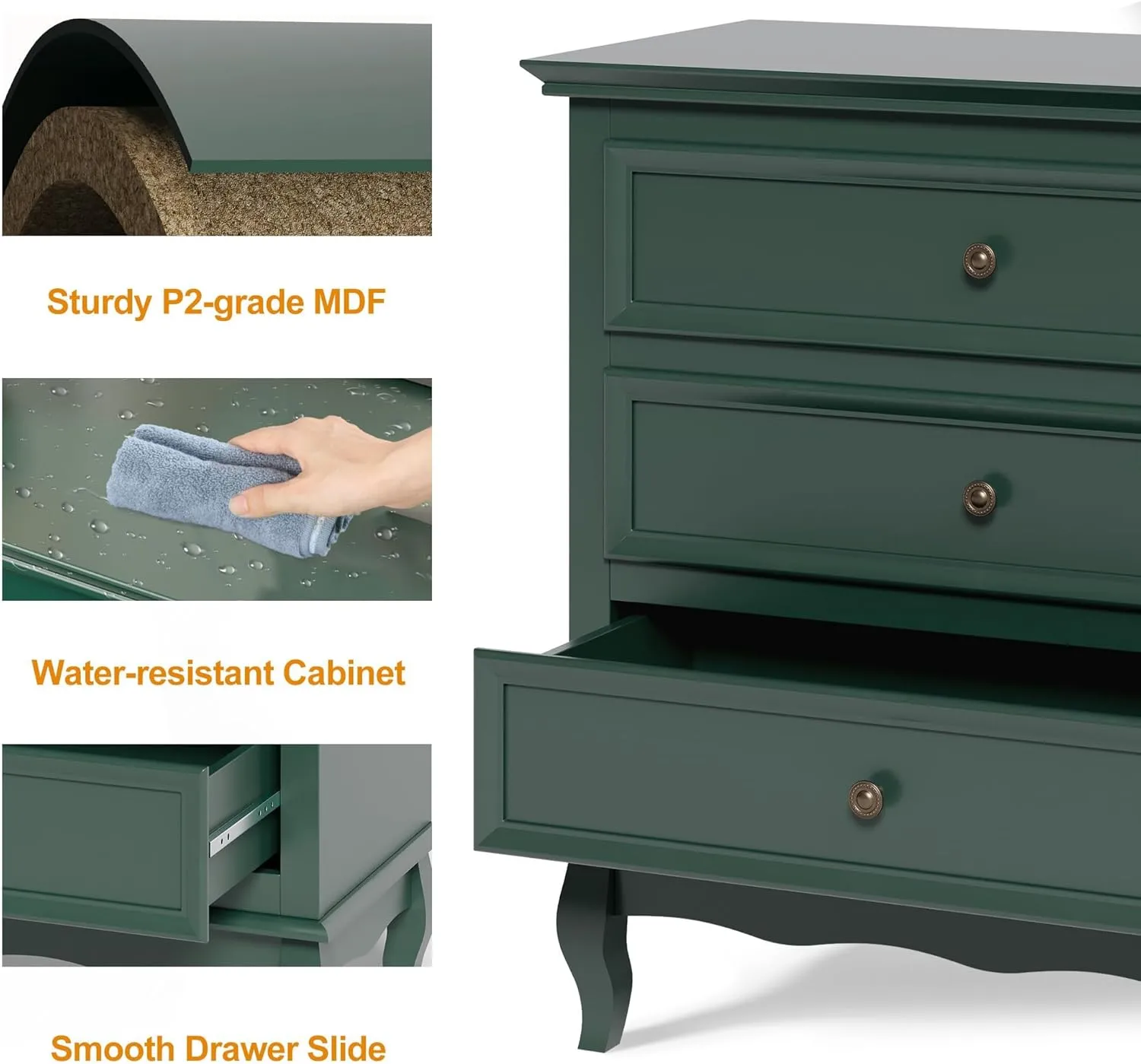 RoyalCraft Green Nightstand for Bedroom, Wide Nightstand with 3 Drawer, Modern End Table, Wood Beside Table for Home and Office, Green