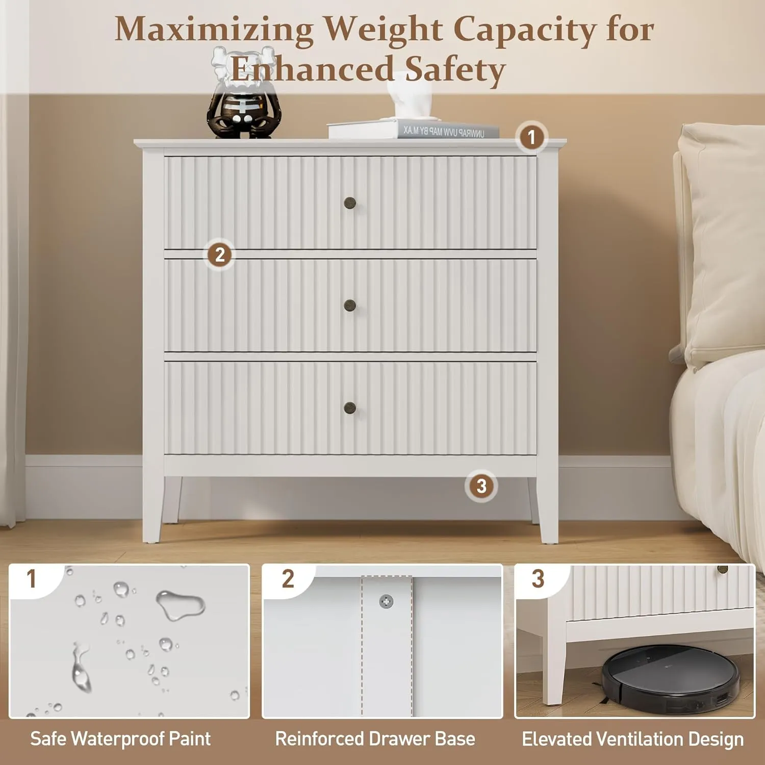 RoyalCraft Large 3 Drawer Dresser Set of 2, Fluted Wood Chest of Drawers with Storage, Modern Painted 30 inch Wide Nightstand for Bedroom Living Room Entryway, White