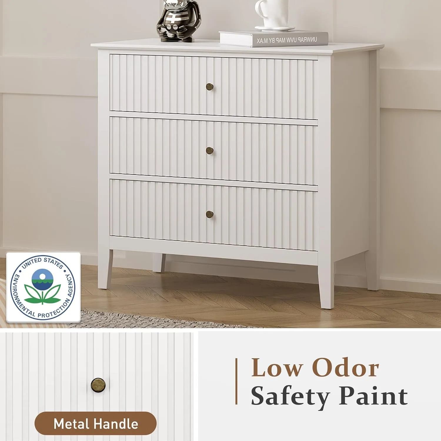 RoyalCraft Large 3 Drawer Dresser Set of 2, Fluted Wood Chest of Drawers with Storage, Modern Painted 30 inch Wide Nightstand for Bedroom Living Room Entryway, White