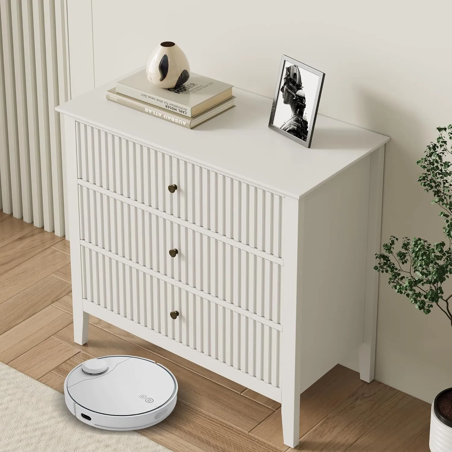 RoyalCraft Large 3 Drawer Dresser Set of 2, Fluted Wood Chest of Drawers with Storage, Modern Painted 30 inch Wide Nightstand for Bedroom Living Room Entryway, White