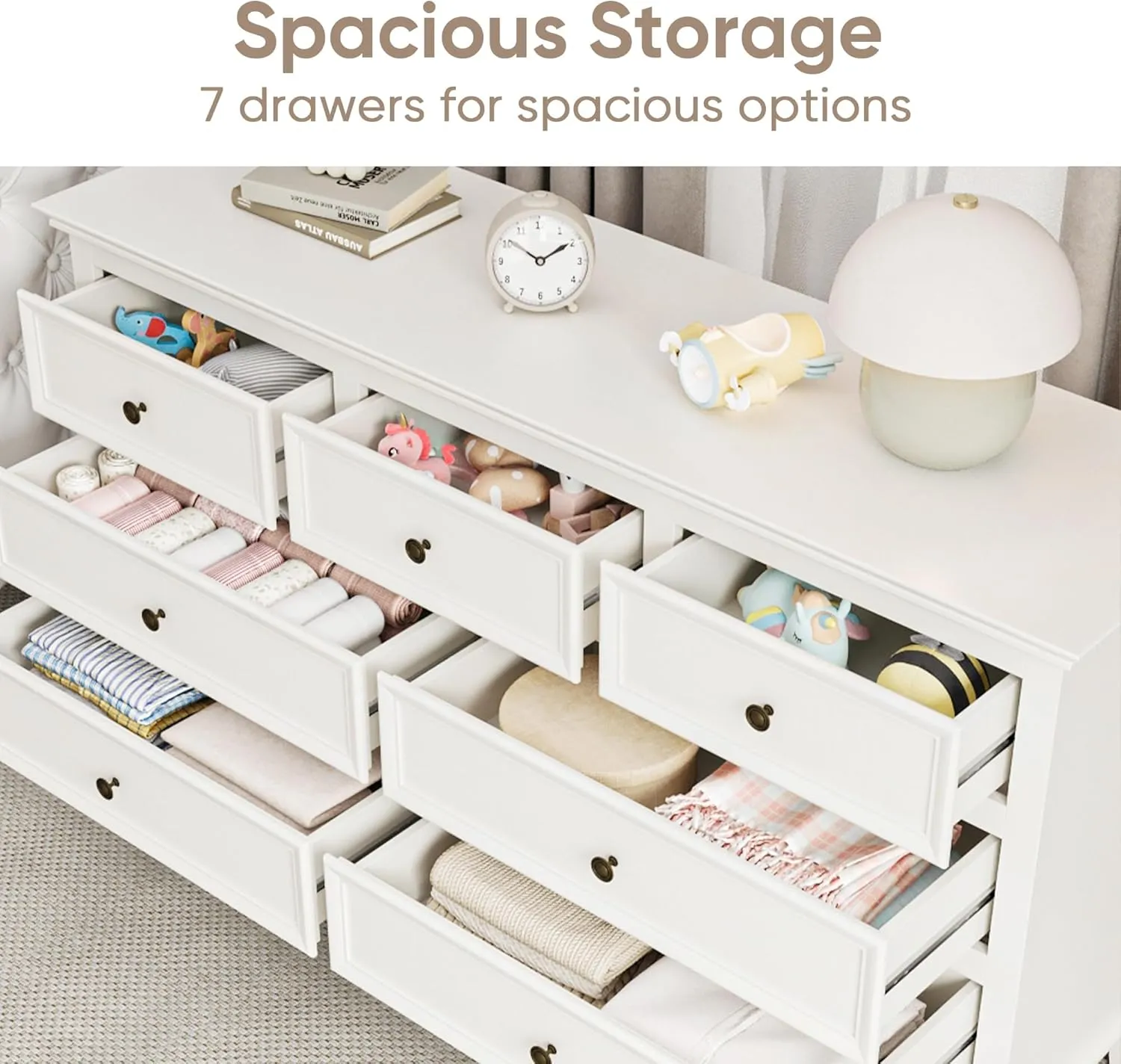 RoyalCraft White 7 Drawer Dresser for Bedroom, Modern Chest of Drawers with Solid Wood Legs and Painted Finish, Wooden Storage Closet Cabinet Organizer for Living Room, Hallway