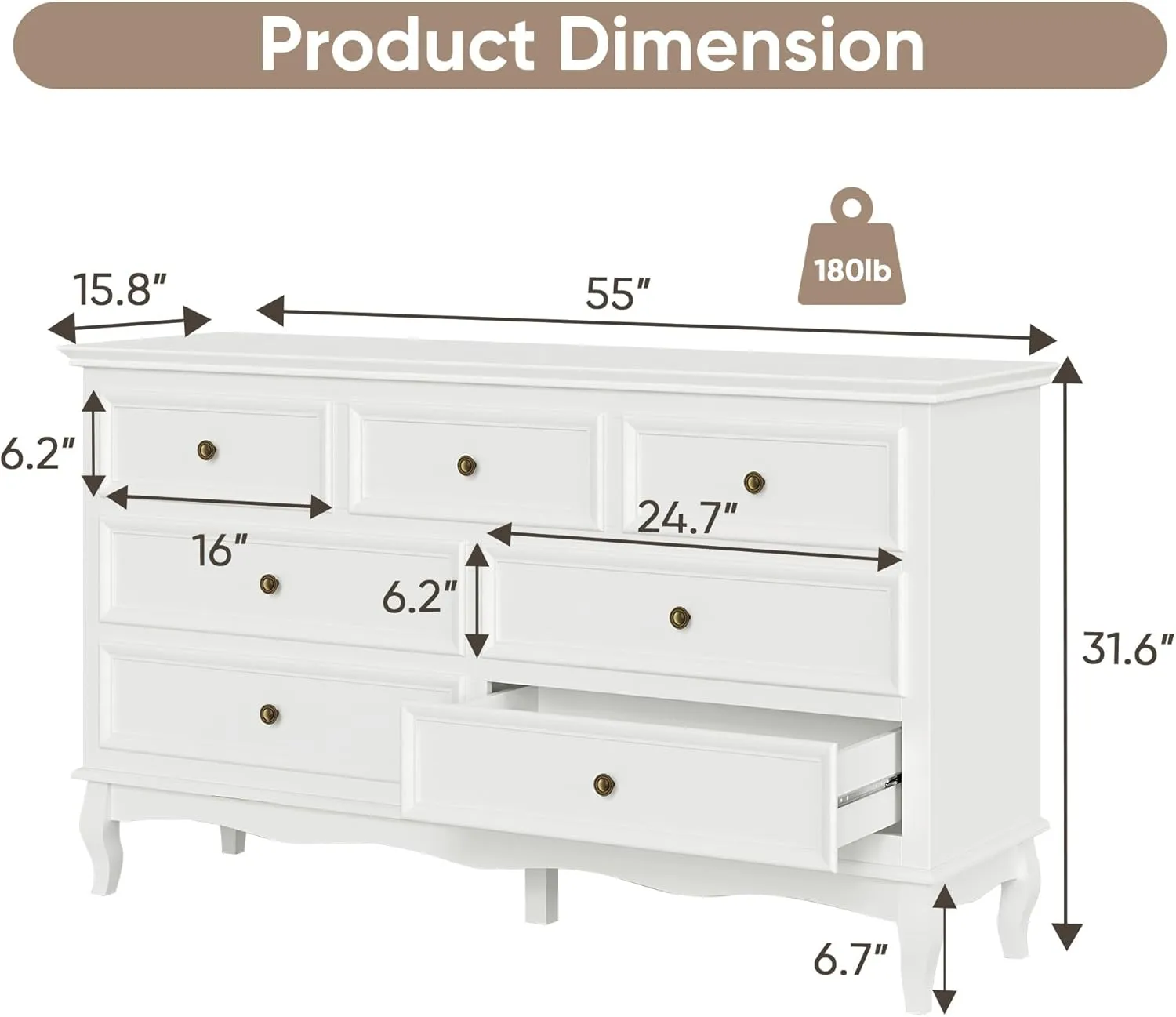 RoyalCraft White 7 Drawer Dresser for Bedroom, Modern Chest of Drawers with Solid Wood Legs and Painted Finish, Wooden Storage Closet Cabinet Organizer for Living Room, Hallway