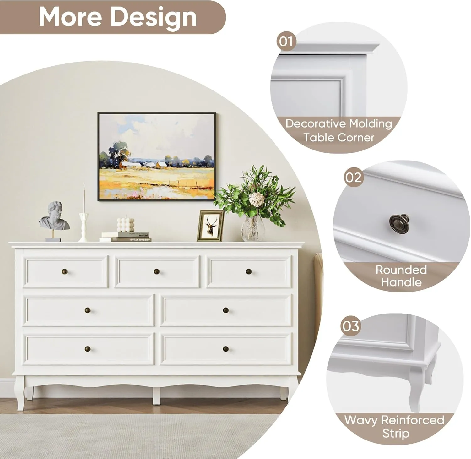 RoyalCraft White 7 Drawer Dresser for Bedroom, Modern Chest of Drawers with Solid Wood Legs and Painted Finish, Wooden Storage Closet Cabinet Organizer for Living Room, Hallway