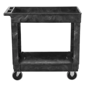 Rubbermaid Commercial Products 2-Shelf Utility/Moving Cart with Wheels, 300-Pound Capacity, Black, Lipped Shelves with Handle, Use in School/Restaurant/Warehouse/Manufacturing/Garage