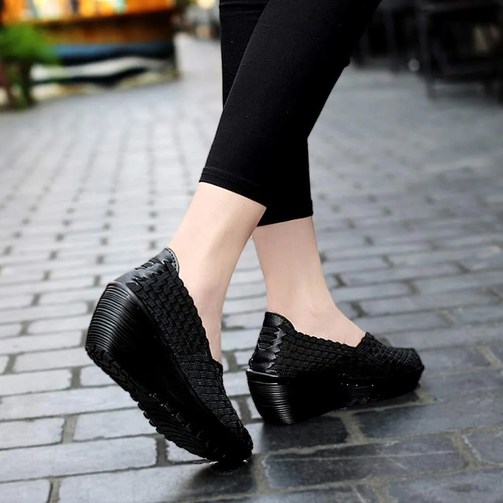 Ruiatoo Women's Platform Wedge Sandals Comfortable Walking Shoes Woven Pumps Mary Jane Shoes