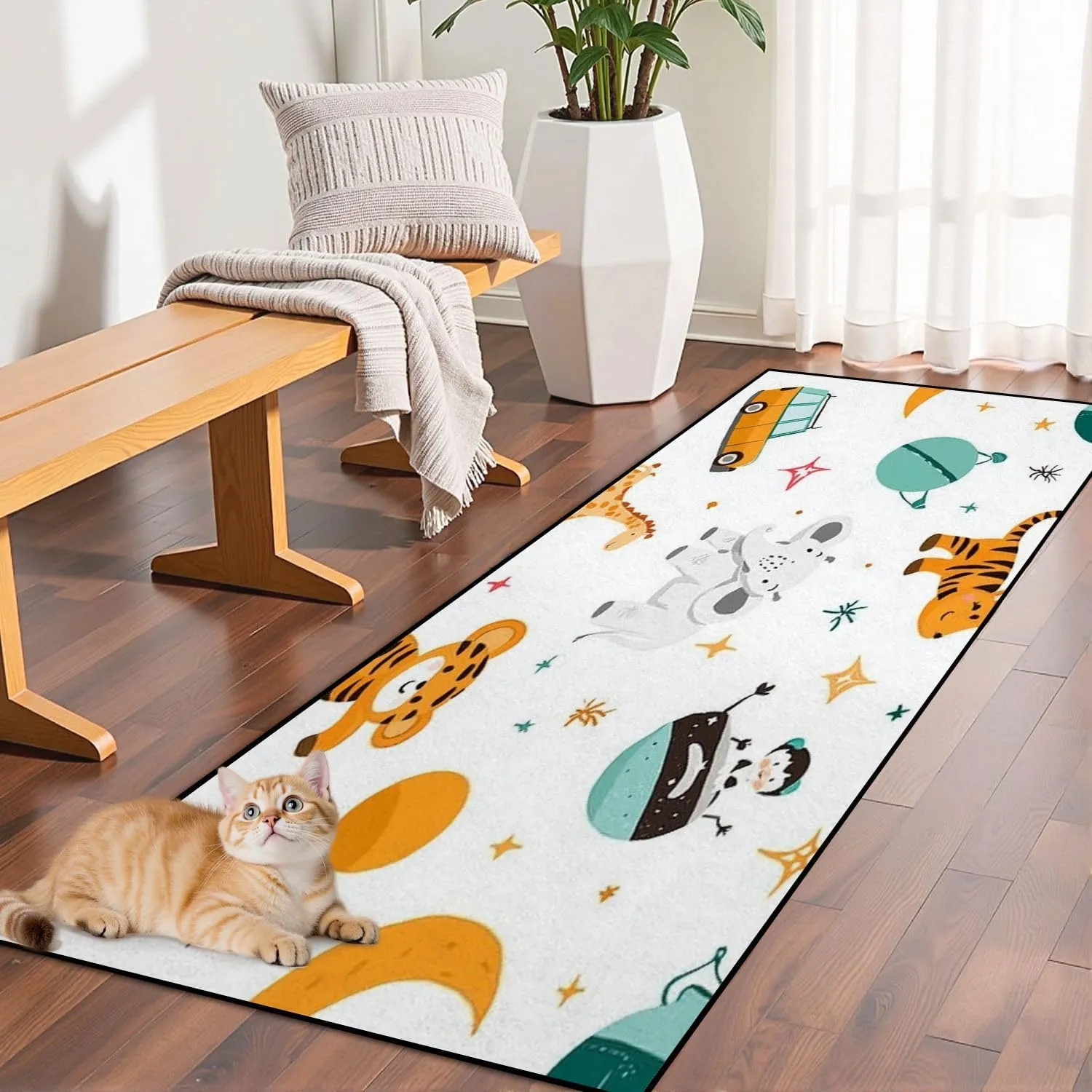 Runner Rug Washable 2x6 Kids Space Animals Space Seamless Flat Cartoon Style Non-Slip Hallway Area Rug Indoor Outdoor Home Decor for Entryway Bathroom Kitchen Carpet Yoga Floor Mat