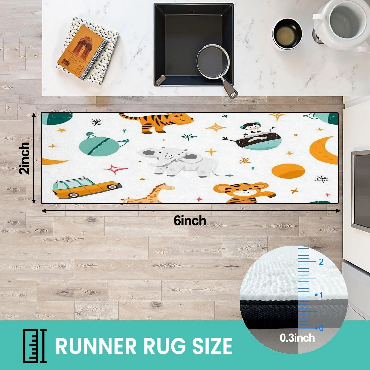 Runner Rug Washable 2x6 Kids Space Animals Space Seamless Flat Cartoon Style Non-Slip Hallway Area Rug Indoor Outdoor Home Decor for Entryway Bathroom Kitchen Carpet Yoga Floor Mat