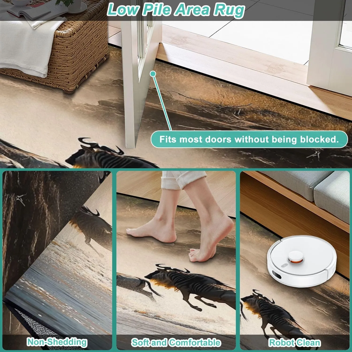 Runner Rug Washable 2x6 Wildebeest Mara River Non-Slip Hallway Area Rug Indoor Outdoor Home Decor for Entryway Bathroom Kitchen Carpet Yoga Floor Mat