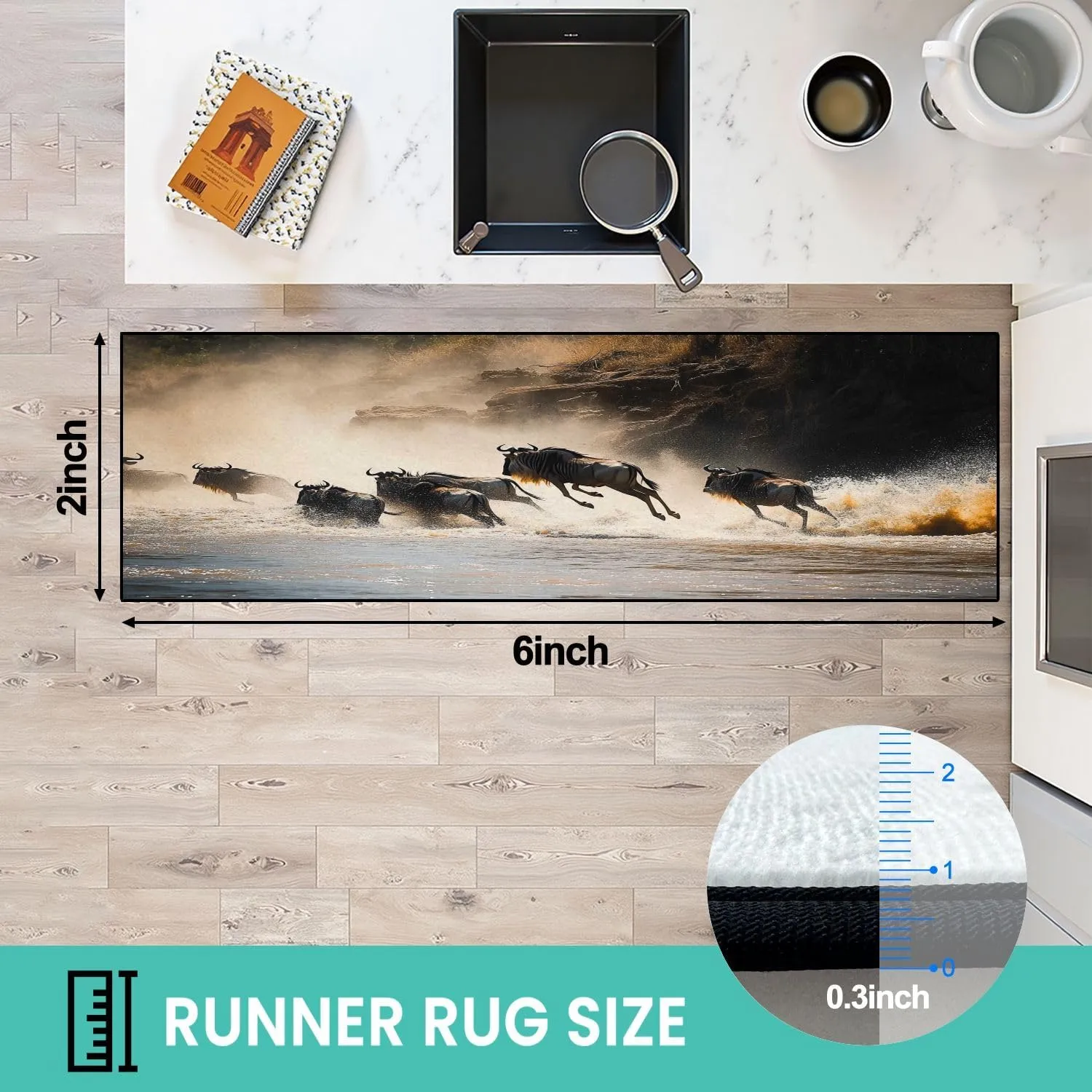 Runner Rug Washable 2x6 Wildebeest Mara River Non-Slip Hallway Area Rug Indoor Outdoor Home Decor for Entryway Bathroom Kitchen Carpet Yoga Floor Mat