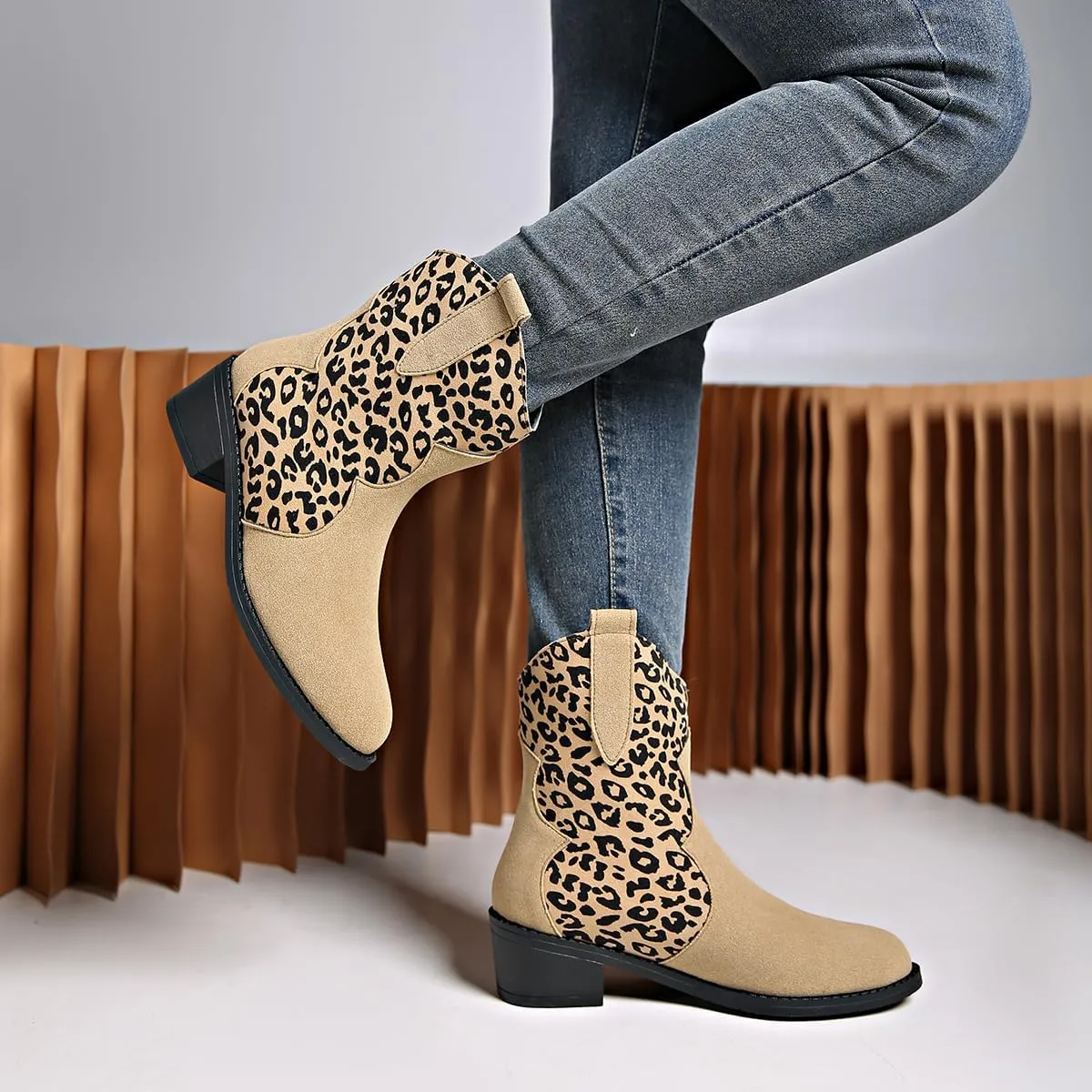 SACFOF Cowboy Boots for Women Booties Stitched Leopard Printed Ankle Cowgirl Short Western Boots