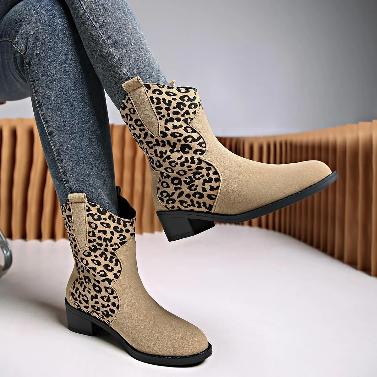 SACFOF Cowboy Boots for Women Booties Stitched Leopard Printed Ankle Cowgirl Short Western Boots