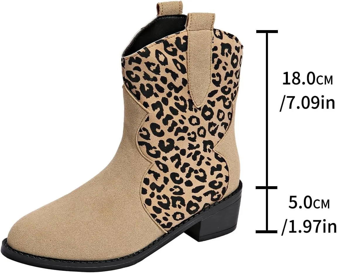 SACFOF Cowboy Boots for Women Booties Stitched Leopard Printed Ankle Cowgirl Short Western Boots