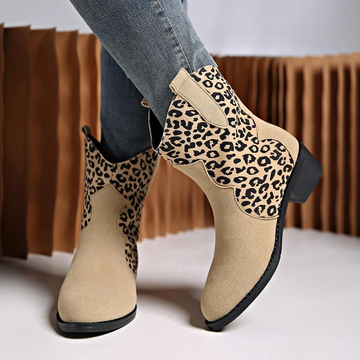 SACFOF Cowboy Boots for Women Booties Stitched Leopard Printed Ankle Cowgirl Short Western Boots